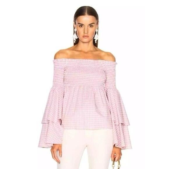 Caroline Constas Top Womens Small Pink Appolonia Off the Shoulder Smocked Poplin - Picture 1 of 7